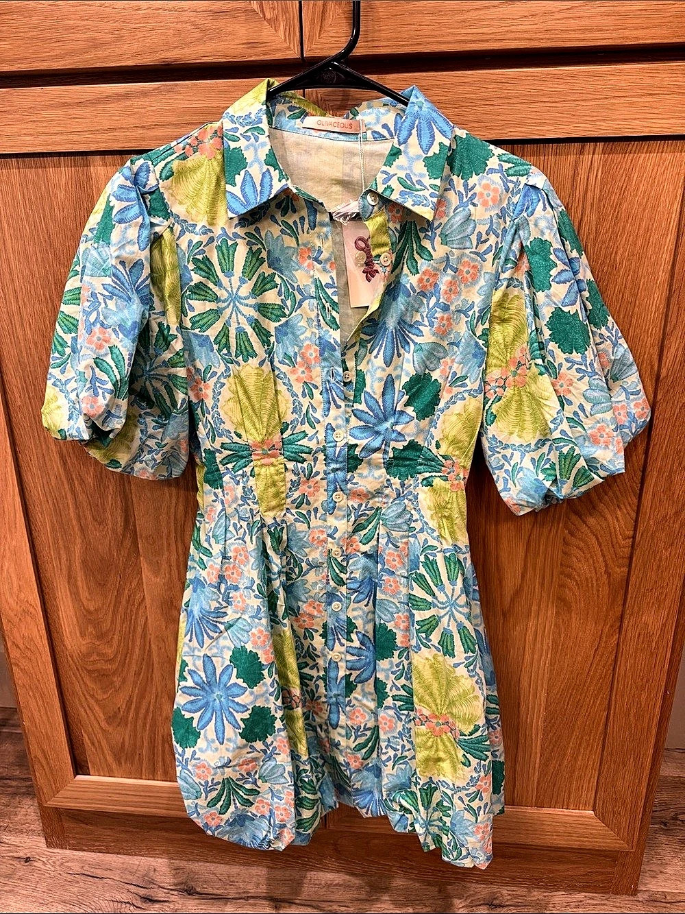 Olivaceous Angel Floral Puff Dress Floral Mini Dress in Blue & Green Size Small